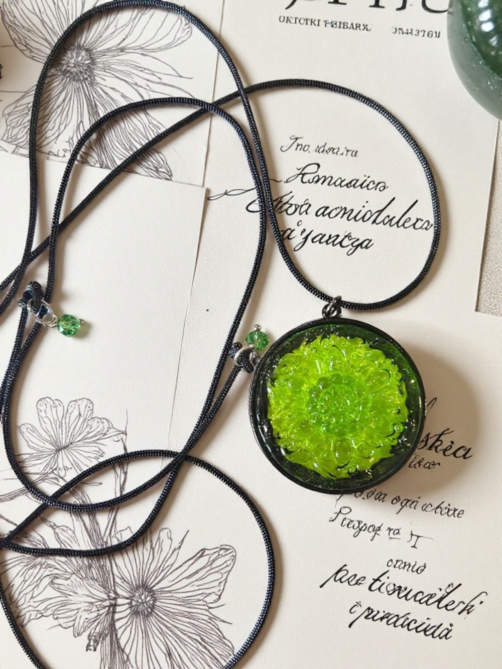 Green Glass Flower Pendant Necklace